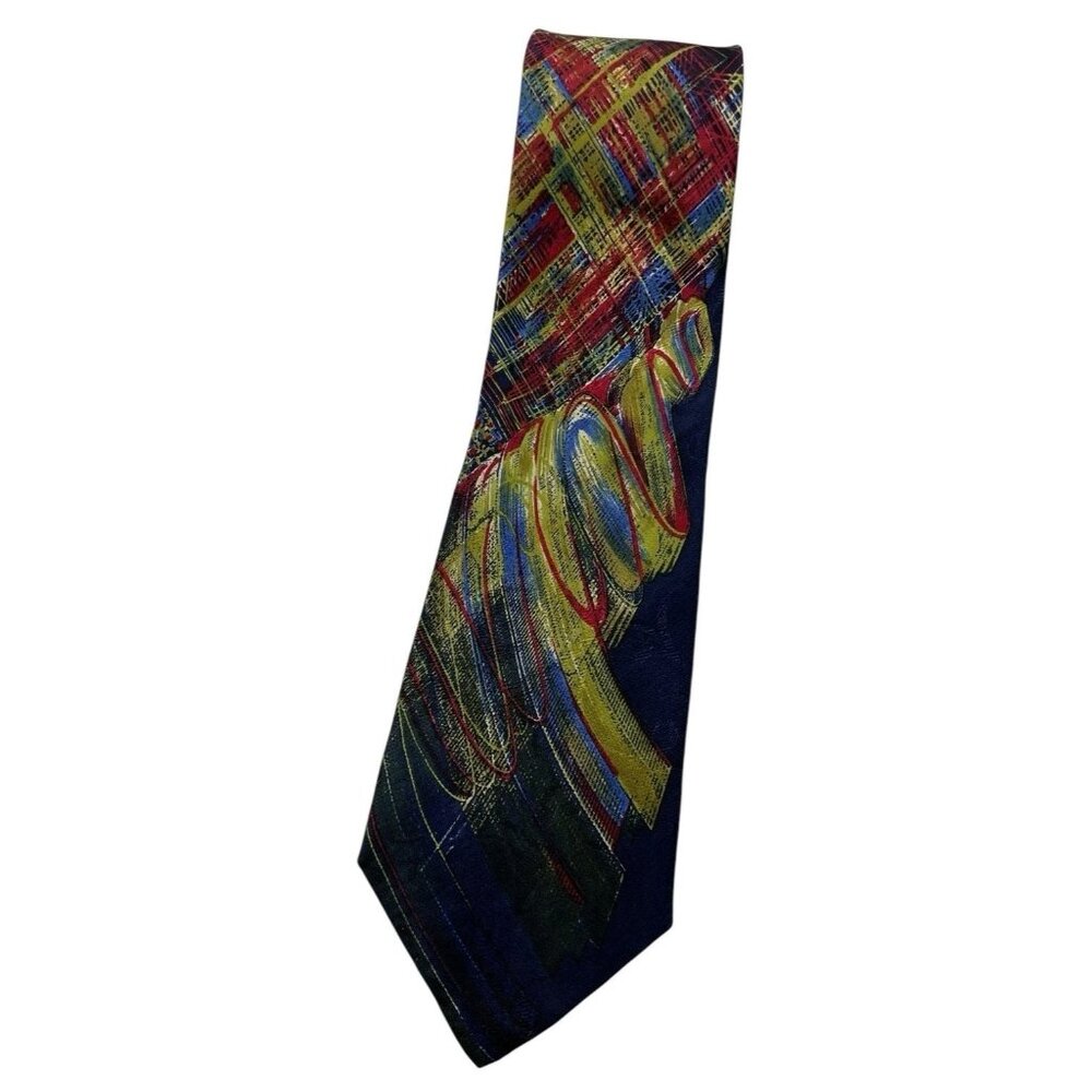 MONTANA Men's 100% Silk Necktie LUXURY Tie Navy Yellow Blue Art W:3.7" EUC